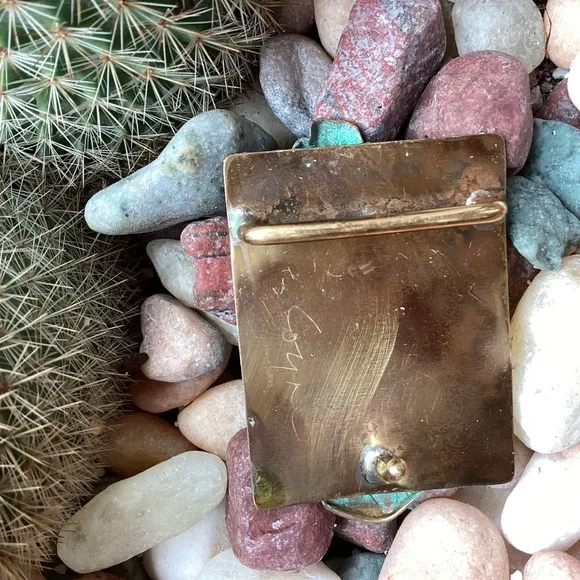 Vintage Elaine Coyne Modernist Brass Verdigris Patina Horse Head Belt Buckle